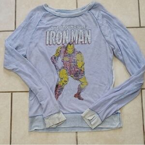 MARVEL Womens Size M Distressed Light Blue Iron Man Novelty Long Sleeve Tshirt
